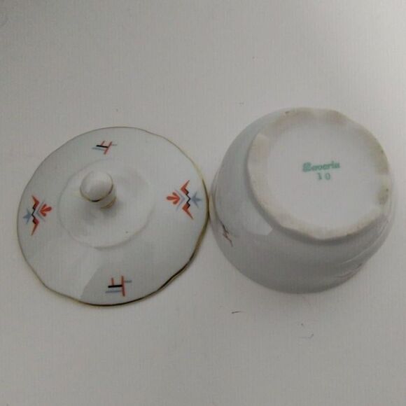 Vintage Sugar Bowl with Lid White Porcelain Gold Trim Geometric Design - Picture 4 of 10